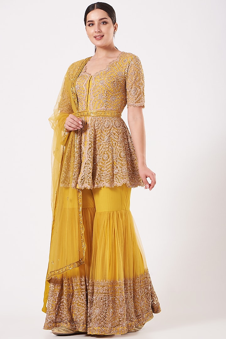 Mustard Yellow Embroidered Sharara Set by Kylee