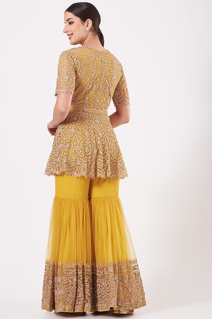 Mustard Yellow Embroidered Wedding Sharara Set by Kylee at Pernia's Pop Up Shop