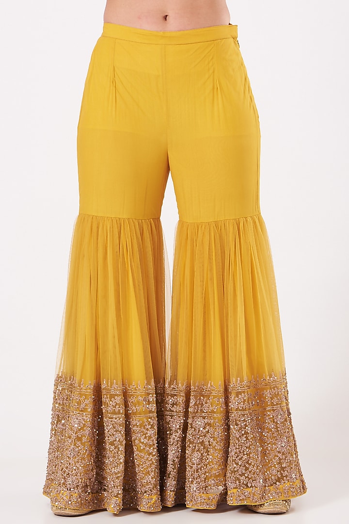 Mustard Yellow Embroidered Wedding Sharara Set by Kylee at Pernia's Pop Up Shop