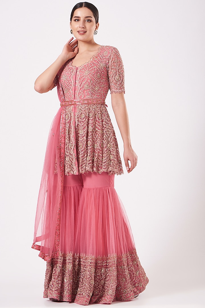 Candy Peach Embroidered Sharara Set by Kylee