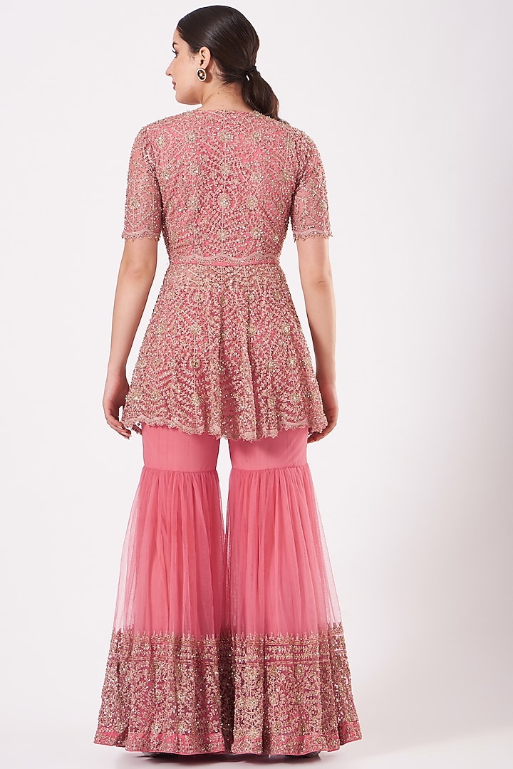Candy Peach Embroidered Wedding Sharara Set by Kylee at Pernia's Pop Up Shop