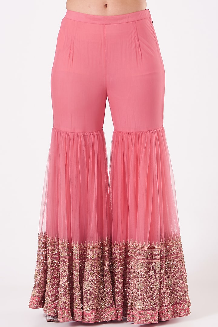 Candy Peach Embroidered Wedding Sharara Set by Kylee at Pernia's Pop Up Shop
