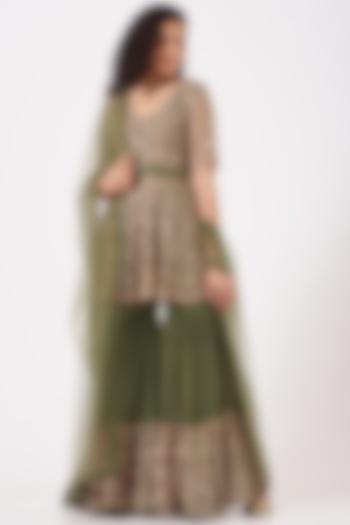 Olive Green Embroidered Sharara Set by Kylee