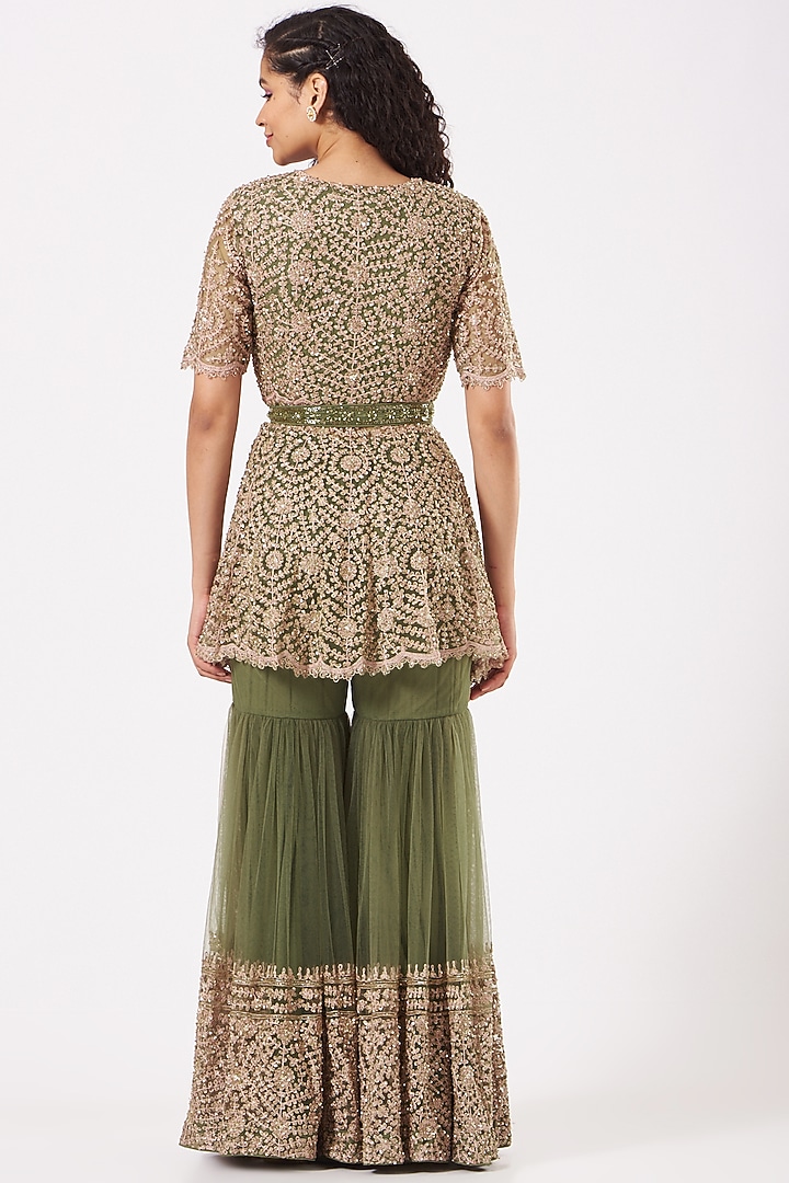 Olive Green Embroidered Wedding Sharara Set by Kylee at Pernia's Pop Up Shop