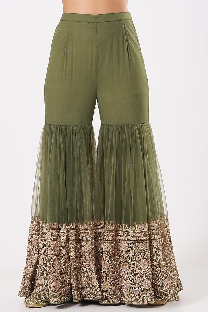 Olive Green Embroidered Wedding Sharara Set by Kylee at Pernia's Pop Up Shop