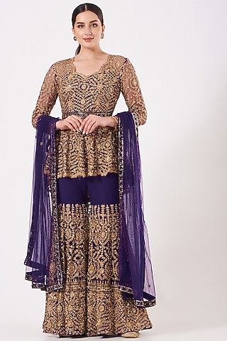 Purple Embroidered Sharara Set by Kylee