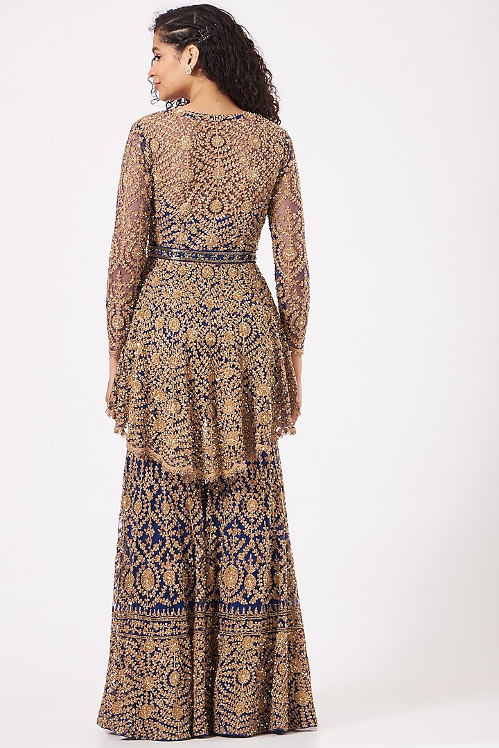 Cobalt Blue Embroidered Wedding Sharara Set by Kylee at Pernia's Pop Up Shop