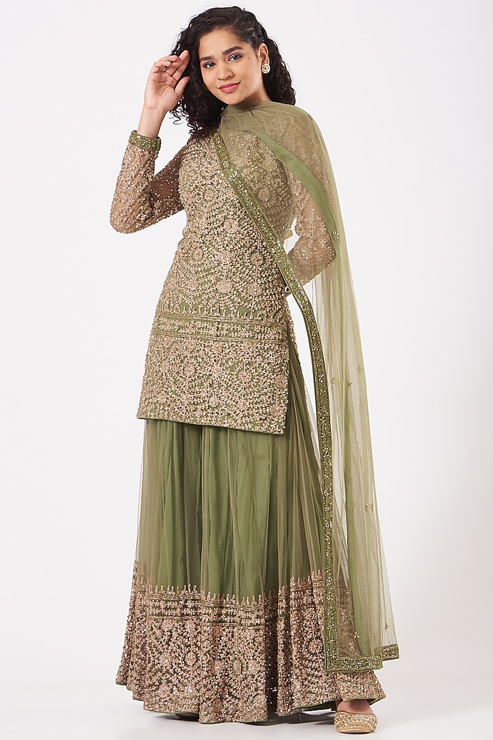 Olive Green Sequins Embroidered Sharara Set by Kylee