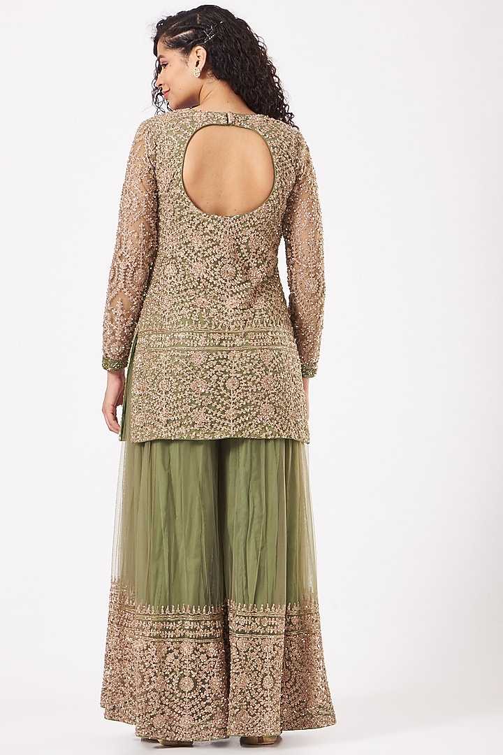 Olive Green Sequins Embroidered Wedding Sharara Set by Kylee at Pernia's Pop Up Shop
