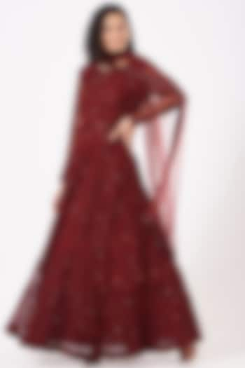 Reddish Maroon Embroidered Anarkali Set by Kylee at Pernia's Pop Up Shop