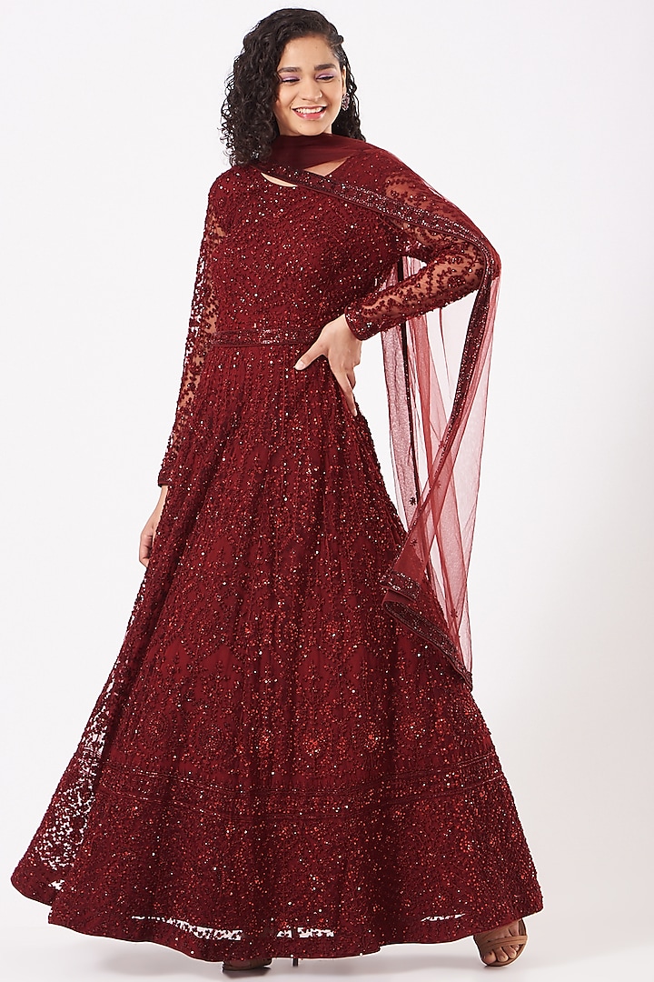 Reddish Maroon Embroidered Anarkali Set by Kylee