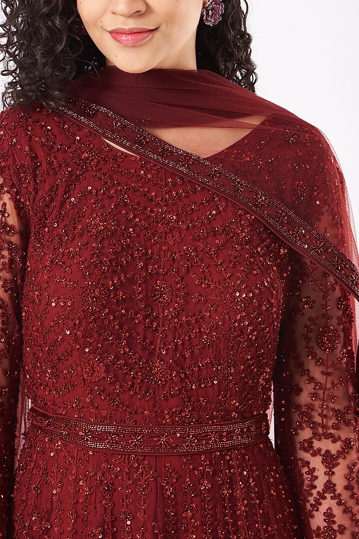 Reddish Maroon Embroidered Wedding Anarkali Set by Kylee at Pernia's Pop Up Shop