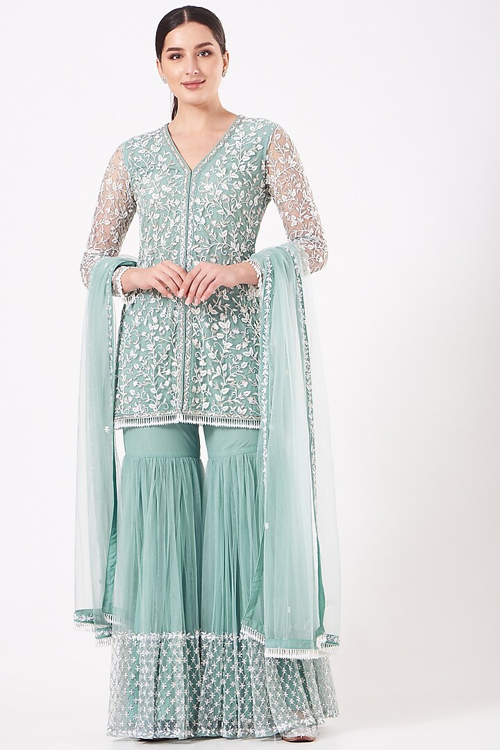 Mint Green Embroidered Sharara Set by Kylee