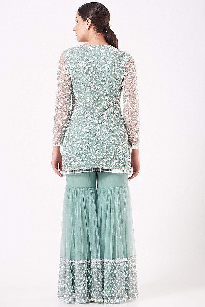 Mint Green Embroidered Sharara Set Design by Kylee at Pernia's Pop Up Shop  2024