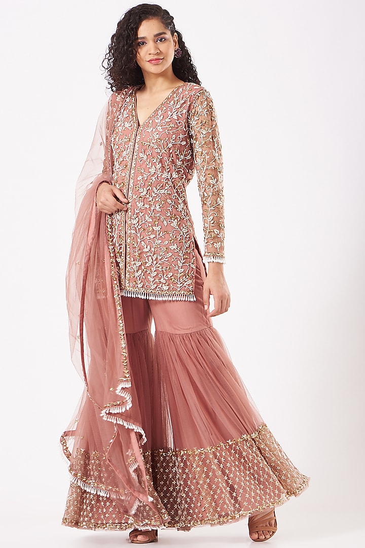 Salmon Pink Embroidered Sharara Set by Kylee