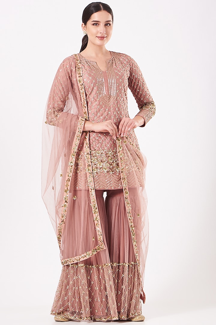 Salmon Pink Sequins Embroidered Sharara Set by Kylee