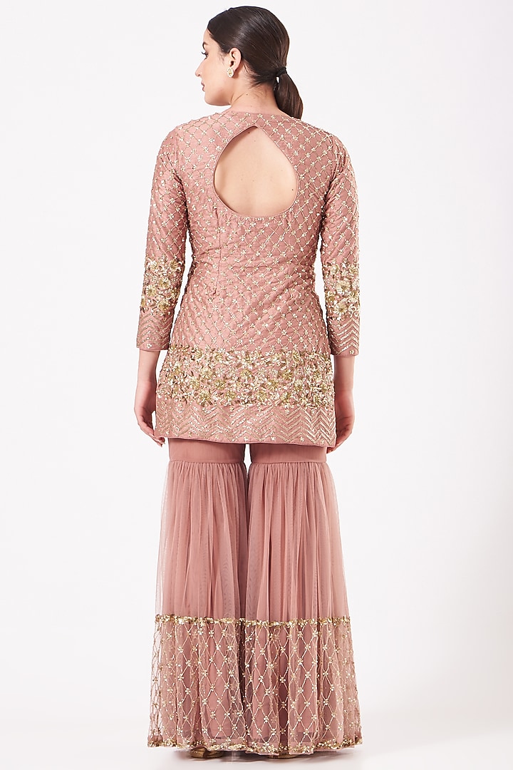 Salmon Pink Sequins Embroidered Wedding Sharara Set by Kylee at Pernia's Pop Up Shop