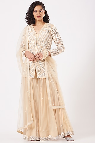 Beige Embroidered Sharara Set by Kylee