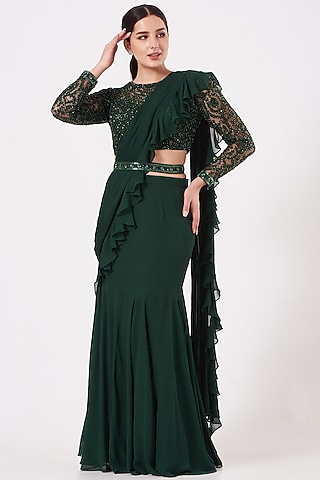 Emerald Green Draped Ruffled Saree Set by Kylee