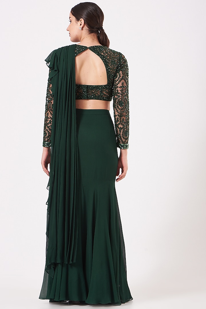Emerald Green Draped Ruffled Wedding Saree Set by Kylee at Pernia's Pop Up Shop