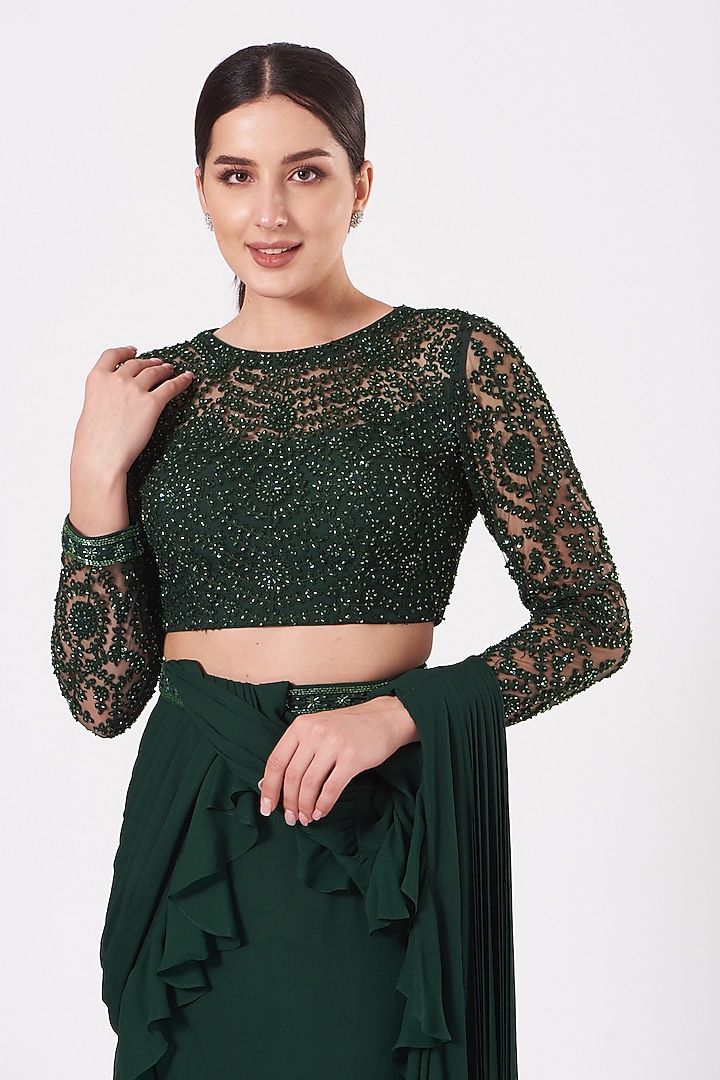 Emerald Green Draped Ruffled Wedding Saree Set by Kylee at Pernia's Pop Up Shop