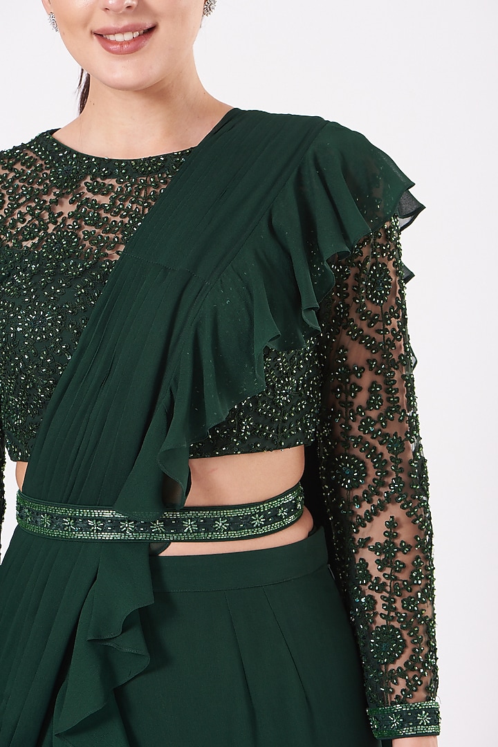 Emerald Green Draped Ruffled Wedding Saree Set by Kylee at Pernia's Pop Up Shop
