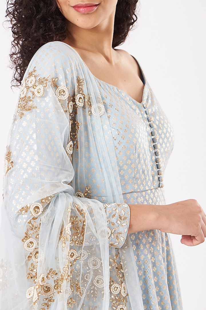 Powder Blue Embroidered Wedding Anarkali Set by Kylee at Pernia's Pop Up Shop