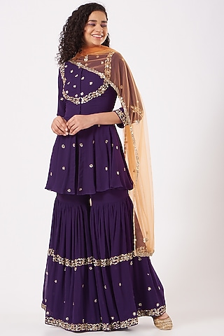 Purple Embroidered Sharara Set by Kylee