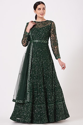 Emerald Green Embroidered Anarkali Set by Kylee