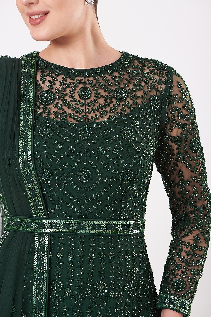 Emerald Green Embroidered Wedding Anarkali Set by Kylee at Pernia's Pop Up Shop