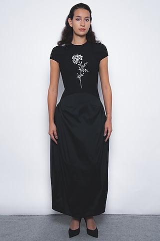 Black Viscose & Polyester Structured Maxi Dress by LEH STUDIOS