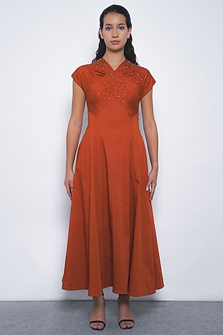 Tangerine Cotton Flared Maxi Dress by LEH STUDIOS
