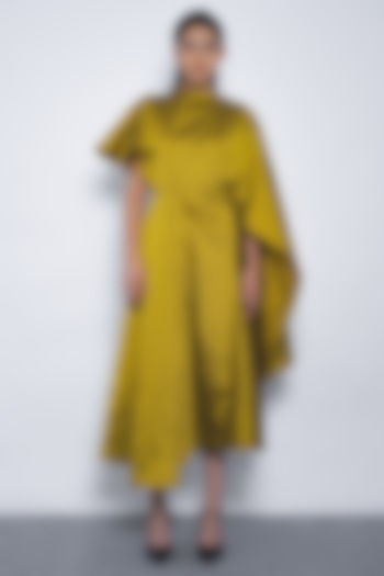 Mustard Viscose & Polyester Hand Pleated Midi Vacation Dress by Leh at Pernia's Pop Up Shop