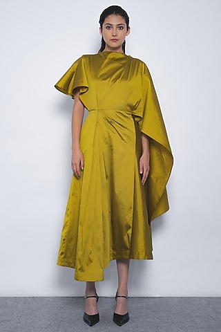 Mustard Viscose & Polyester Hand Pleated Midi Dress by LEH STUDIOS