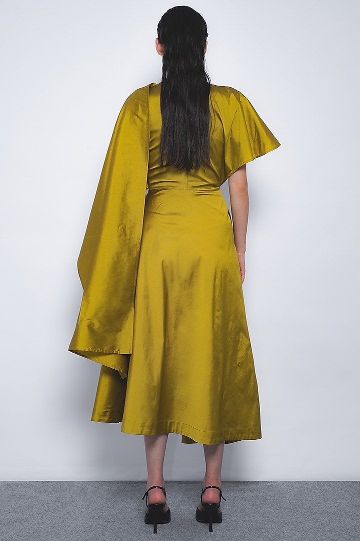 Mustard Viscose & Polyester Hand Pleated Midi Vacation Dress by LEH STUDIOS at Pernia's Pop Up Shop