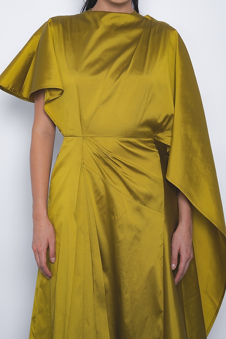 Mustard Viscose & Polyester Hand Pleated Midi Vacation Dress by LEH STUDIOS at Pernia's Pop Up Shop