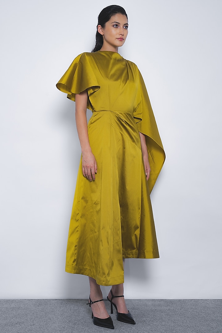 Mustard Viscose & Polyester Hand Pleated Midi Vacation Dress by LEH STUDIOS at Pernia's Pop Up Shop
