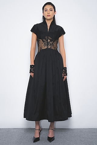 Black Cotton Opera Midi Dress by LEH STUDIOS