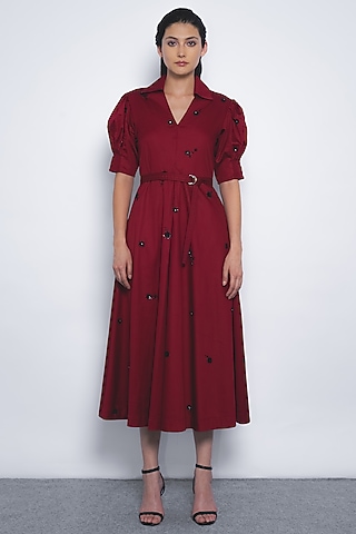 Ruby Cotton Floral Hand Embroidered Midi Dress by LEH STUDIOS