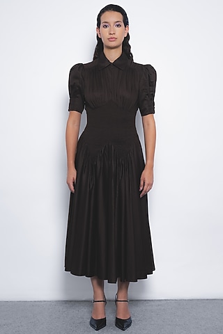 Chocolate Brown Cotton Midi Dress by LEH STUDIOS