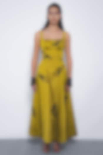 Mustard Viscose Floral Stem Embroidered Midi Cocktail Dress by Leh at Pernia's Pop Up Shop