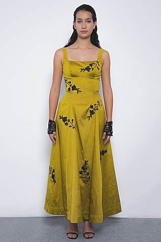 Mustard Viscose Floral Stem Embroidered Midi Dress by LEH STUDIOS