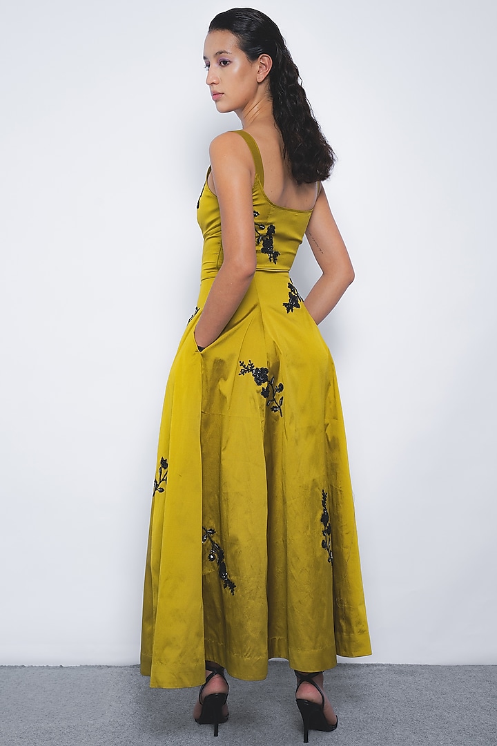 Mustard Viscose Floral Stem Embroidered Midi Cocktail Dress by LEH STUDIOS at Pernia's Pop Up Shop