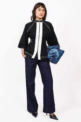 Black & Off White Cotton Top by LEH STUDIOS