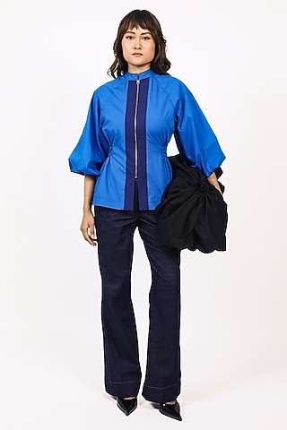 Blue Cotton Panelled Top by LEH STUDIOS