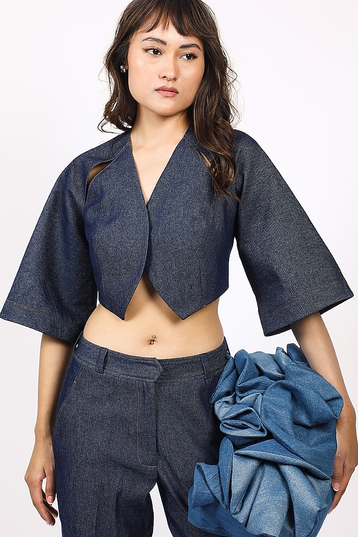 Blue Denim Cropped Top by LEH STUDIOS at Pernia's Pop Up Shop