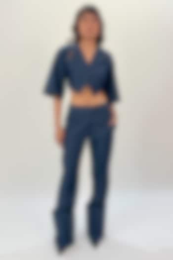 Blue Denim Folded Hem Pants by LEH STUDIOS at Pernia's Pop Up Shop