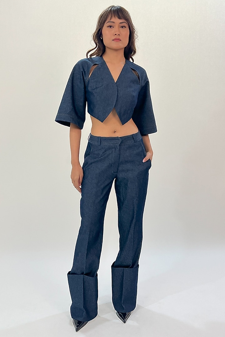 Blue Denim Folded Hem Pants by LEH STUDIOS at Pernia's Pop Up Shop