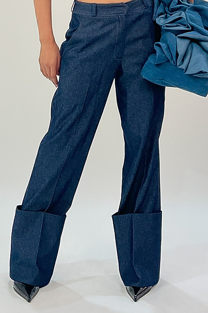 Blue Denim Folded Hem Pants by LEH STUDIOS at Pernia's Pop Up Shop