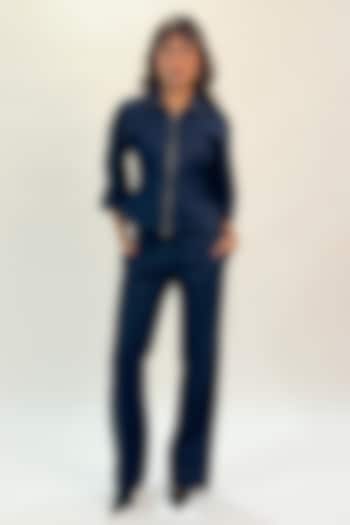 Blue Denim Flared Pants by LEH STUDIOS at Pernia's Pop Up Shop